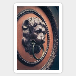 A decorative door knocker shaped like a lion's head Sticker